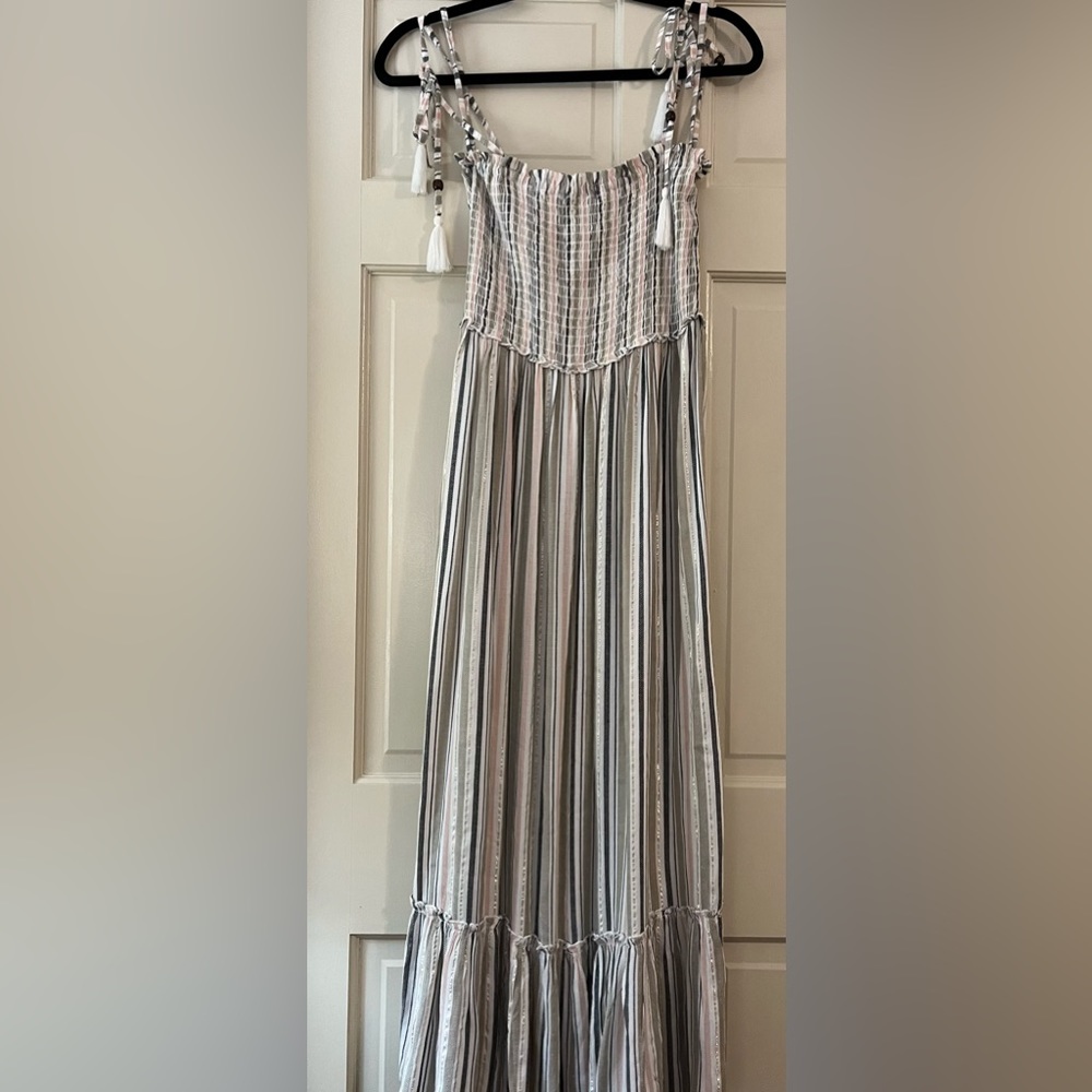 Maxi dress. Size small. Light pink/khaki stripe with gold treading